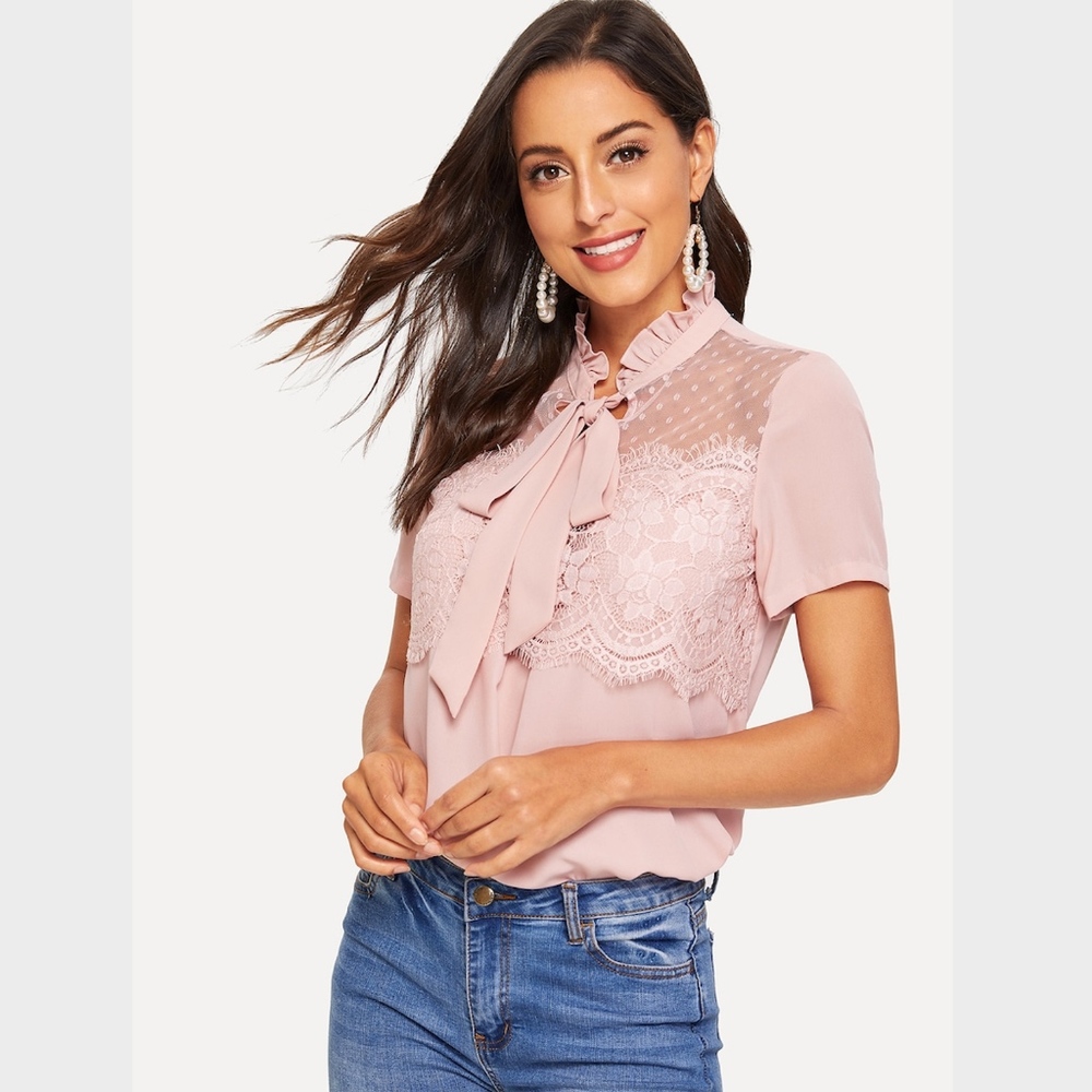 Frilled Tie Neck Lace Appliqué Top Blush Pink